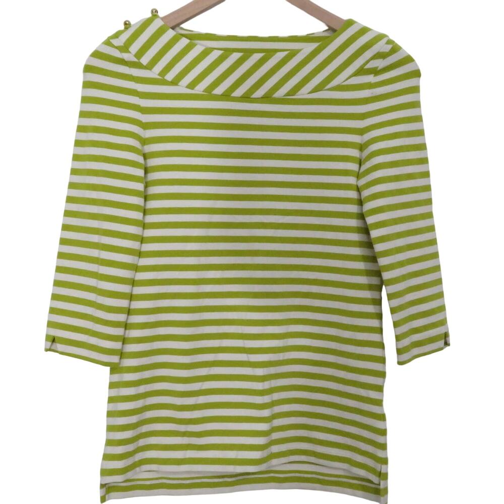 Kate Spade Womens Sz XS Cream Chartreuse Stripe Boat Neck 3/4 Sleeve Preppy Chic